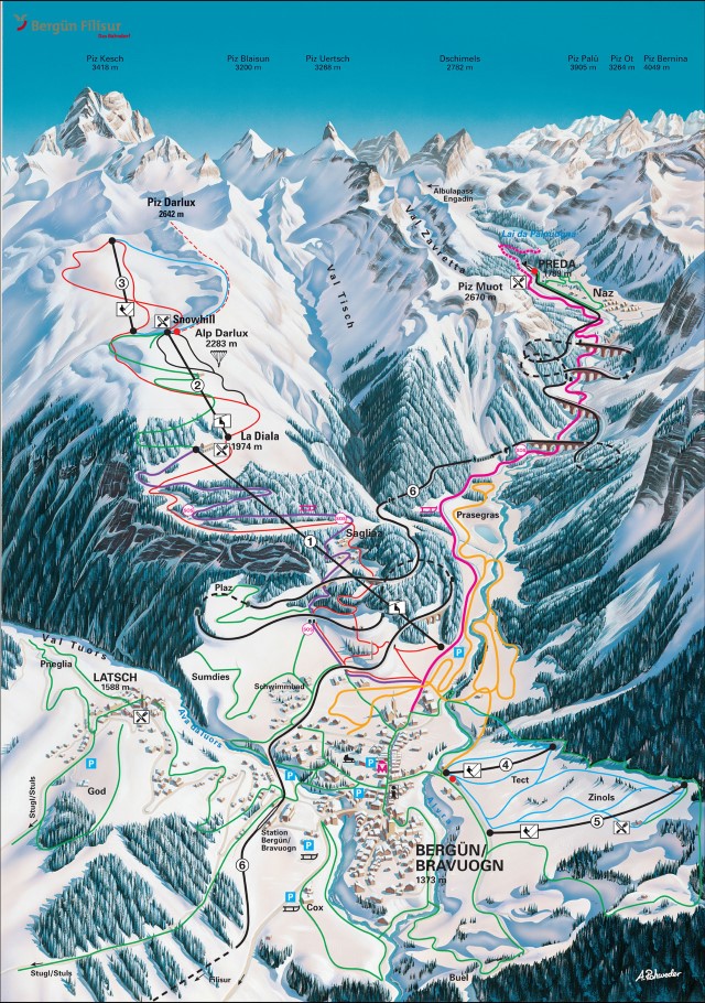 Skiën en snowboarden op Bergün pistekaart