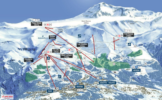 Skiën en snowboarden op Crans-Montana pistekaart