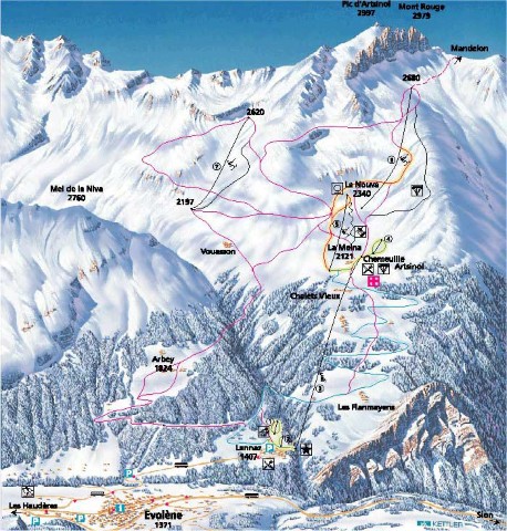 Skiën en snowboarden op Evolène pistekaart
