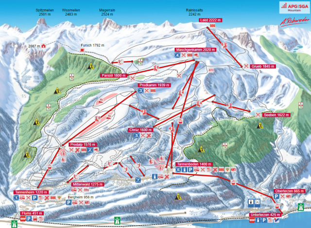 Skiën en snowboarden op Flumserberg pistekaart