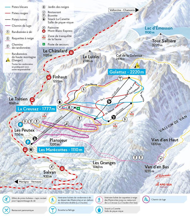 Ski and Snowboard using the Les Marécottes trail map