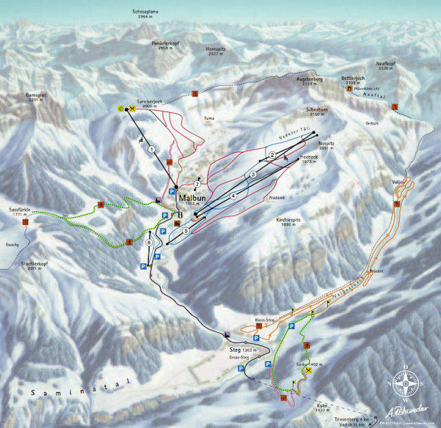 Skiën en snowboarden op Malbun pistekaart