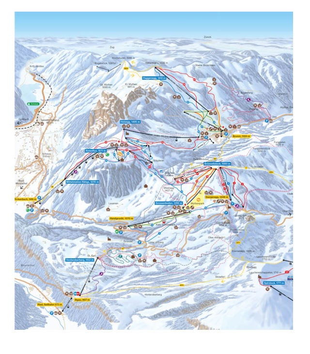 Skiën en snowboarden op Mythenregion pistekaart