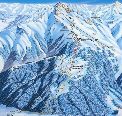 Skiën en snowboarden op Rosswald pistekaart
