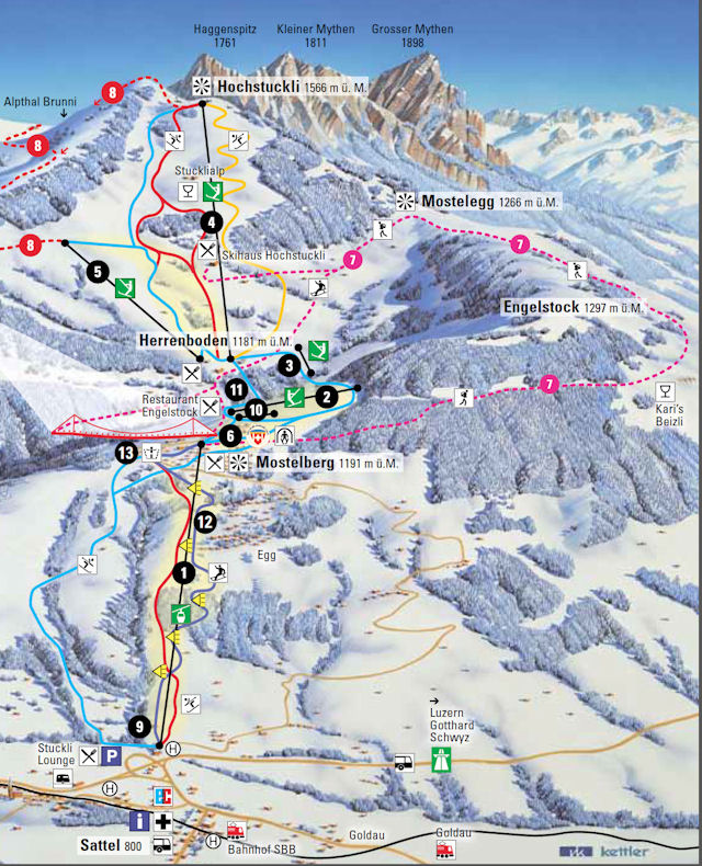 Skiën en snowboarden op Sattel-Hochstuckli pistekaart