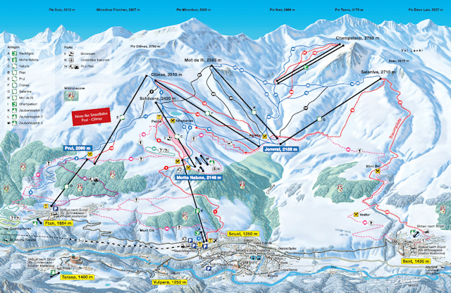 Skiën en snowboarden op Scuol pistekaart