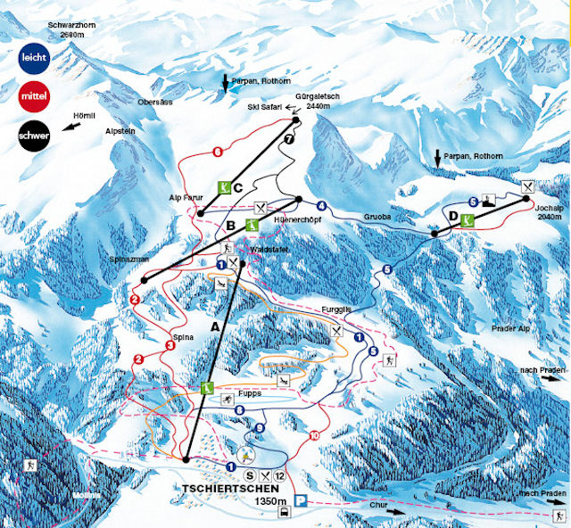 Skiën en snowboarden op Tschiertschen pistekaart