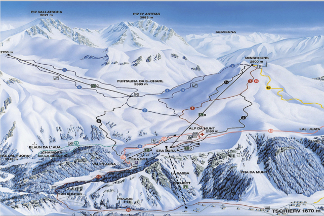 Skiën en snowboarden op Val Müstair pistekaart