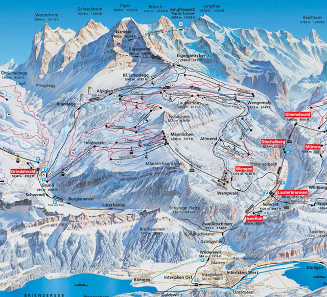 Skiën en snowboarden op Wengen pistekaart
