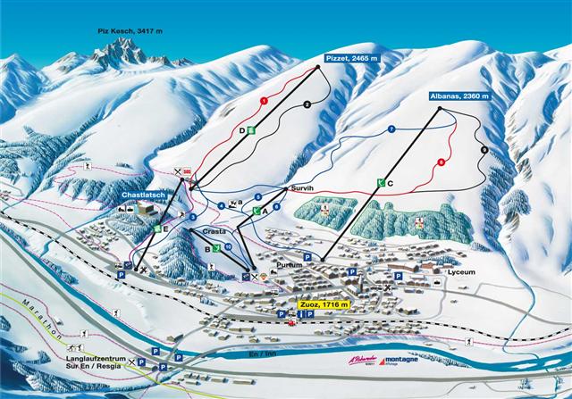 Skiën en snowboarden op Zuoz pistekaart