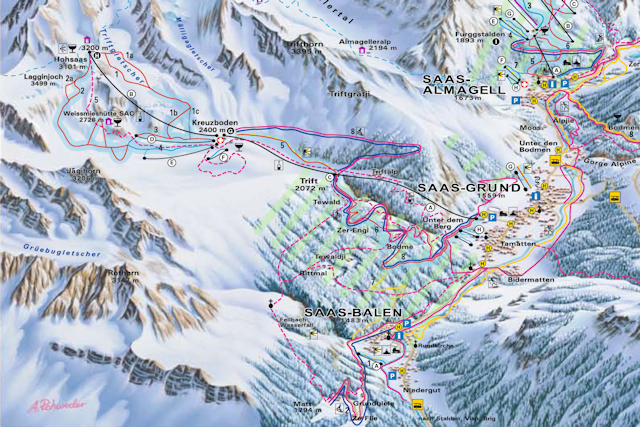 Ski and Snowboard using the Saas-Grund trail map